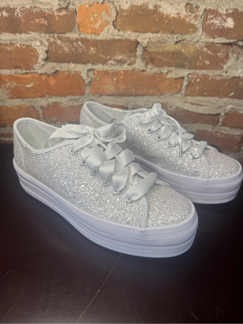 Keds x Kate Spade Glitter Platform Sneakers Bridal White Silver Size 8